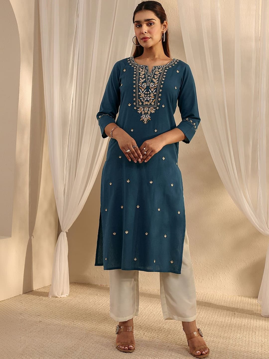 Libas Blue Floral Embroidered Straight Pocket Kurtas