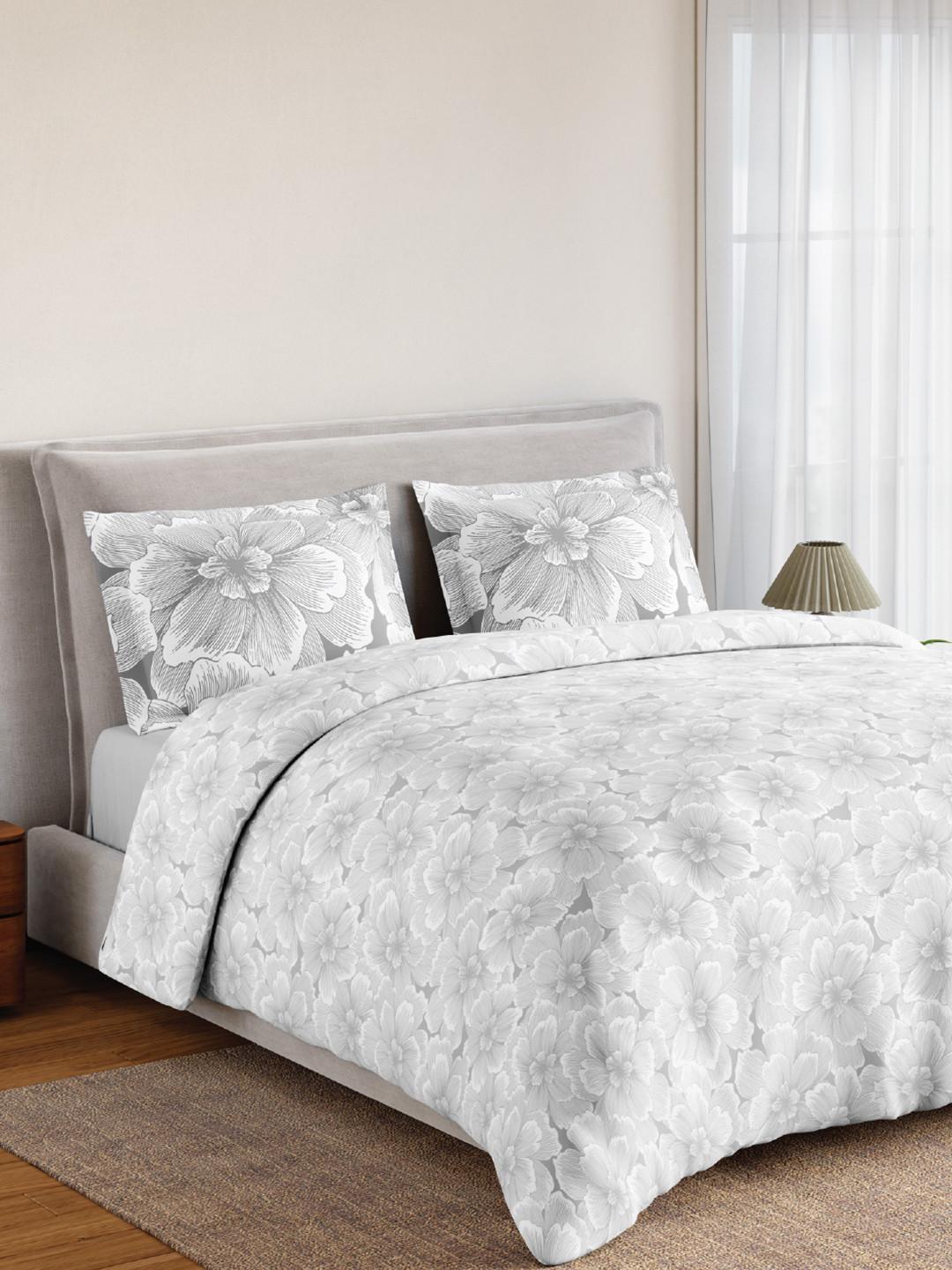 SPACES White Floral 144 TC King Bedsheet with 2 Pillow Covers