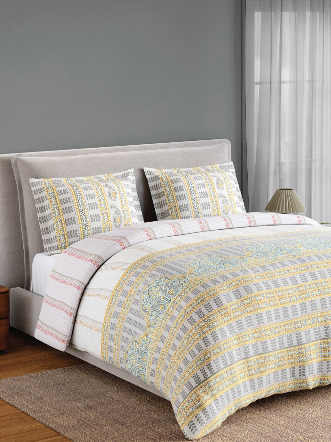 SPACES White Ethnic Motifs 144 TC Bedsheet with 2 Pillow Covers