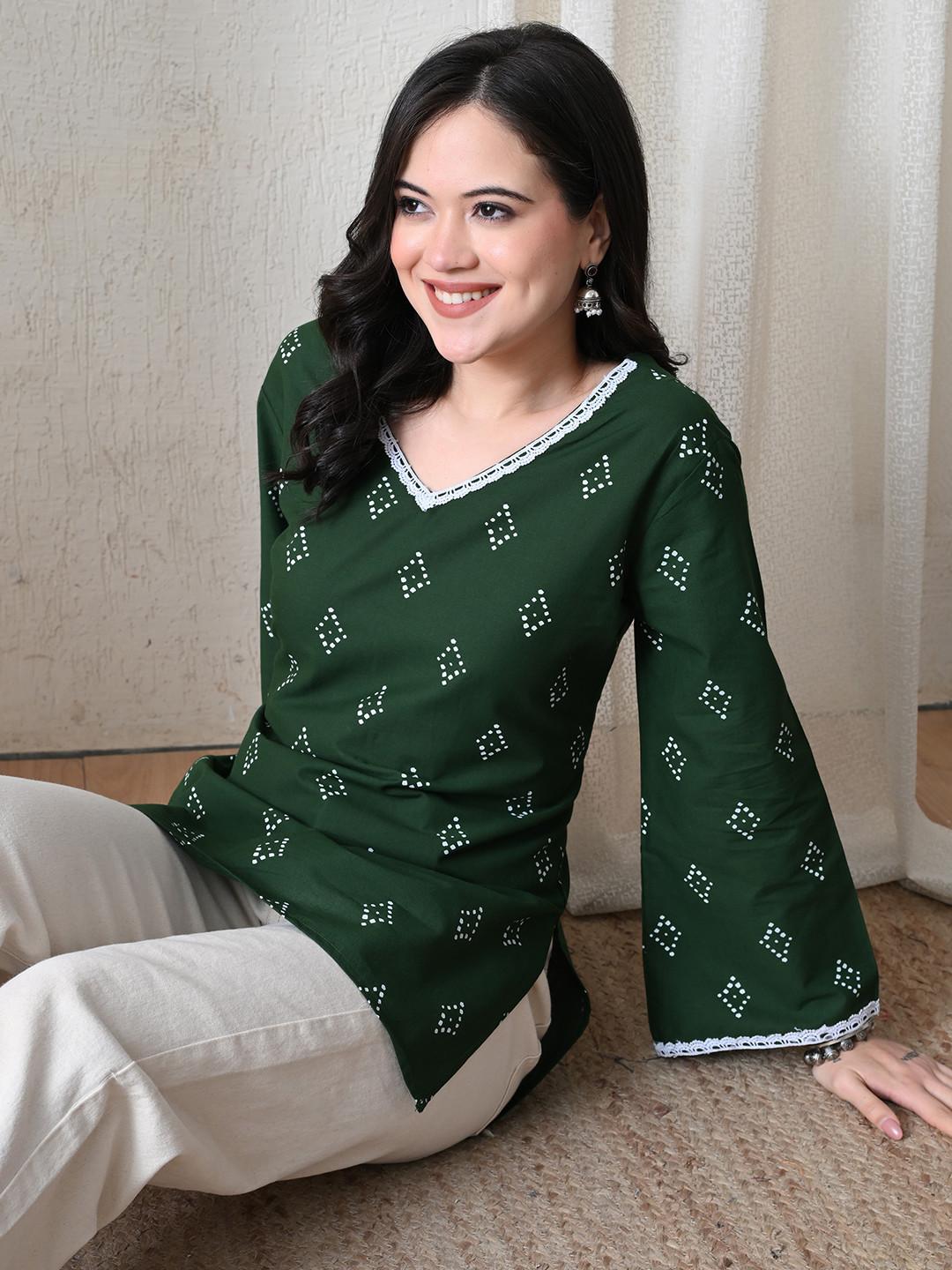 BKApparels Bandhani Printed V-Neck Flared Sleeves Pure Cotton Blend Kurti