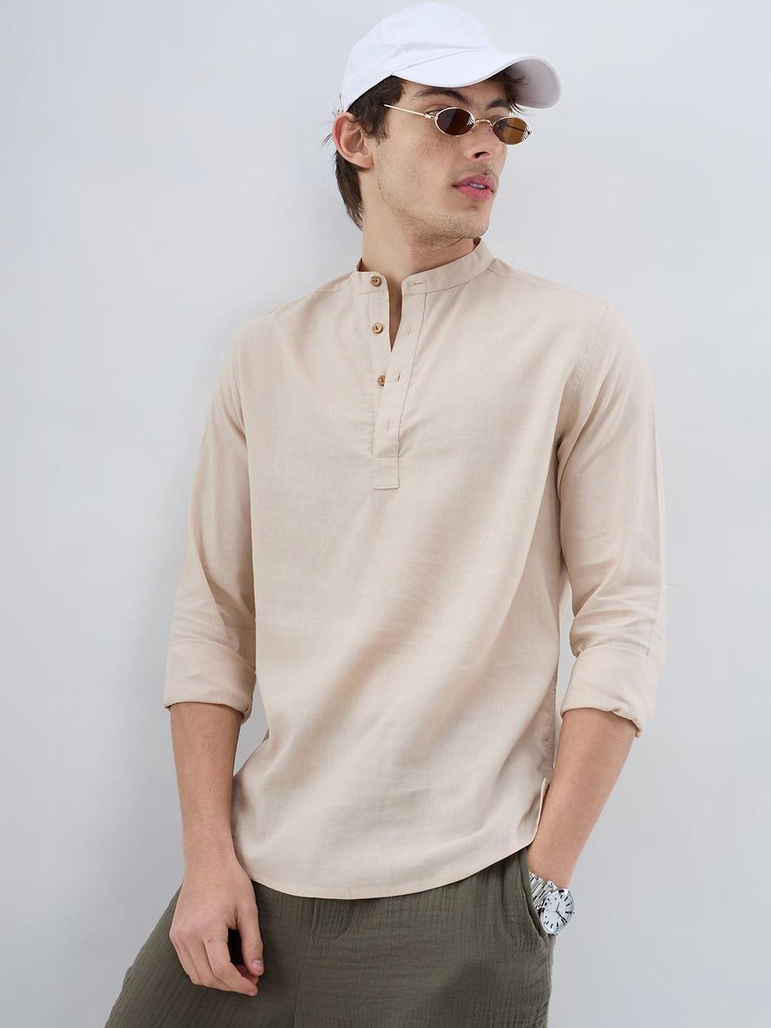 VASTRADO Premium Beige Slub Textured Linen Blend Kurta