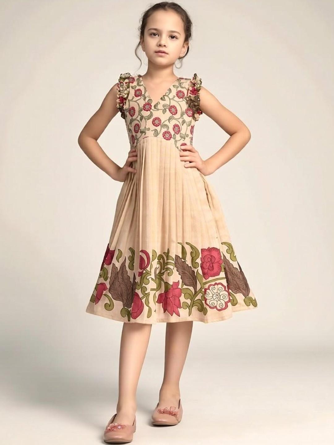 KALINI Girls Floral Printed Linen Blend Ethnic Dress