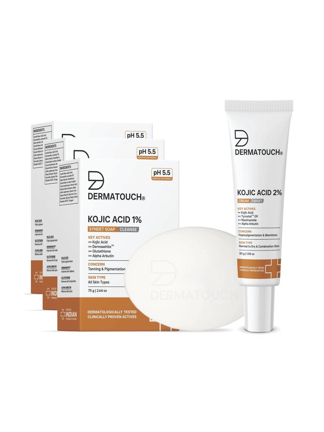 Dermatouch Set Of 4 Kojic Acid Soap - 75 g Each & Cream Pigmentation Care Combo- 30 g