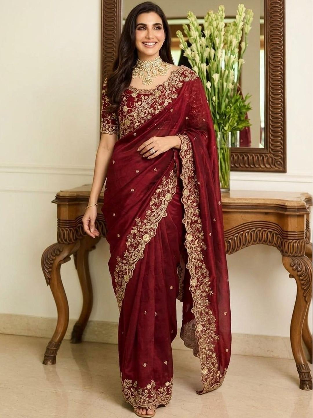 Sangria Embroidered Sarees With Unstitched Blouse Piece