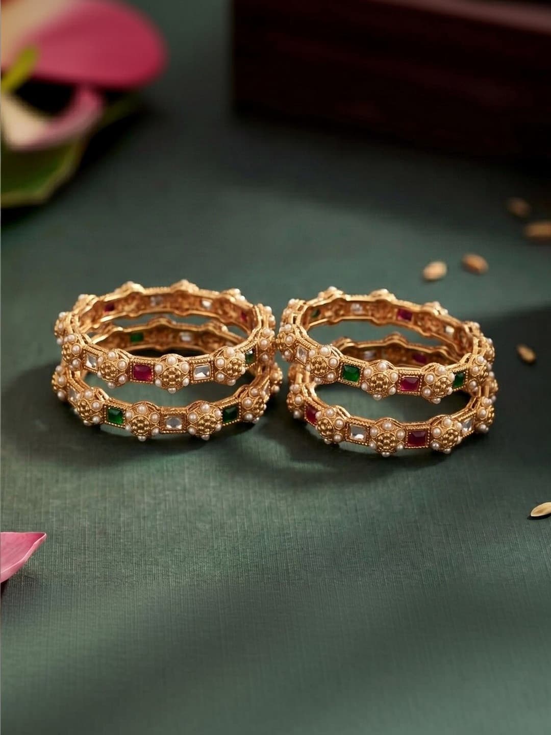 SZN Set of 4 Gold-Plated Antique Stone Studded & Beaded Bangles