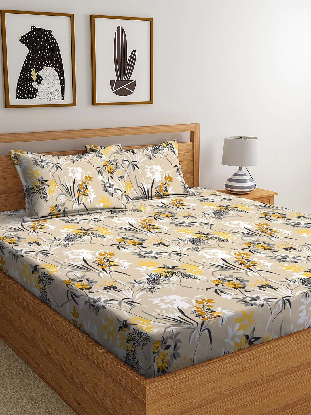 yutera Beige Floral 210 TC Bedsheet with 2 Pillow Covers