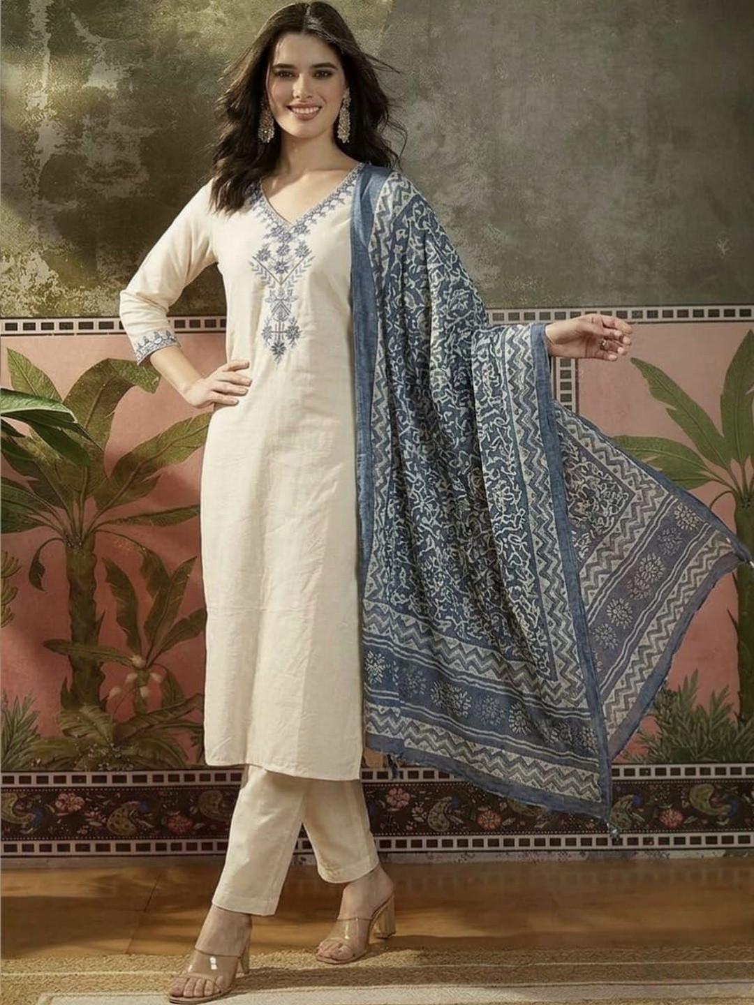Sangria Embroidered Pure Cotton V-Neck Kurta & Trousers With Dupatta