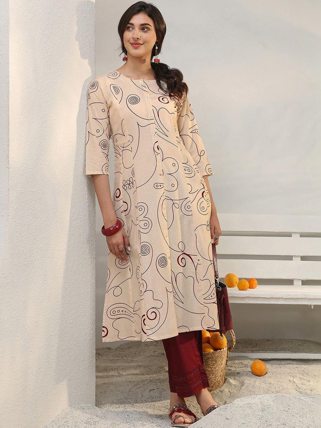 Libas Off White Abstract Printed Cotton Blend A-Line Kurta