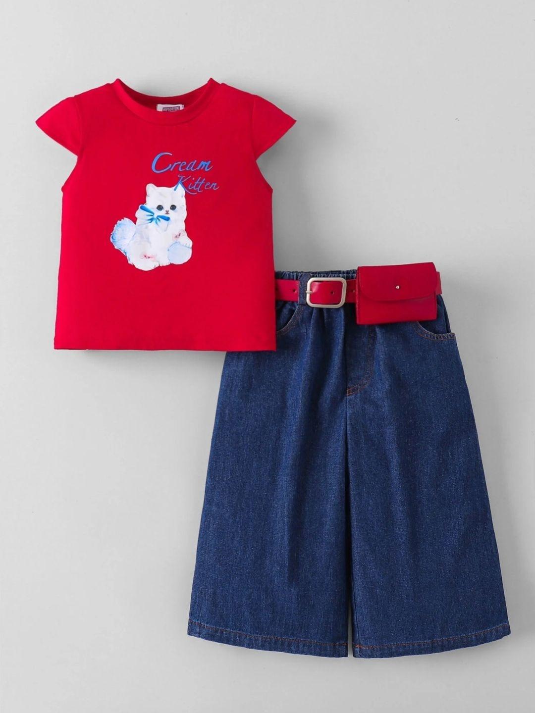 Hopscotch Kitty Cat Sleeves Denim Blouse & Jeans Set
