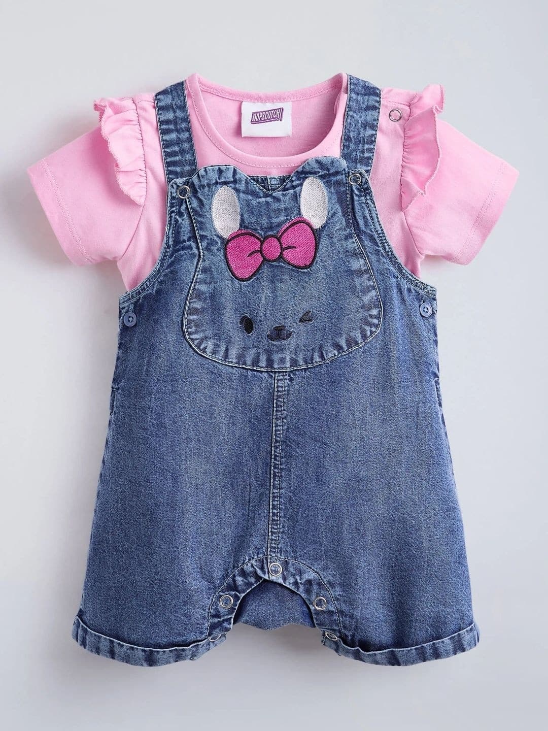Hopscotch Embroidered Denim Dungaree & T-shirt