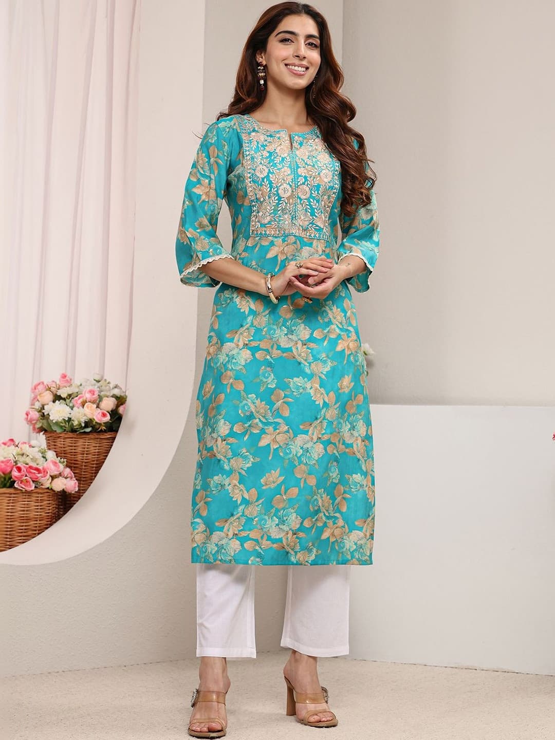 Libas Blue Yoke Design Floral Printed Straight Kurta