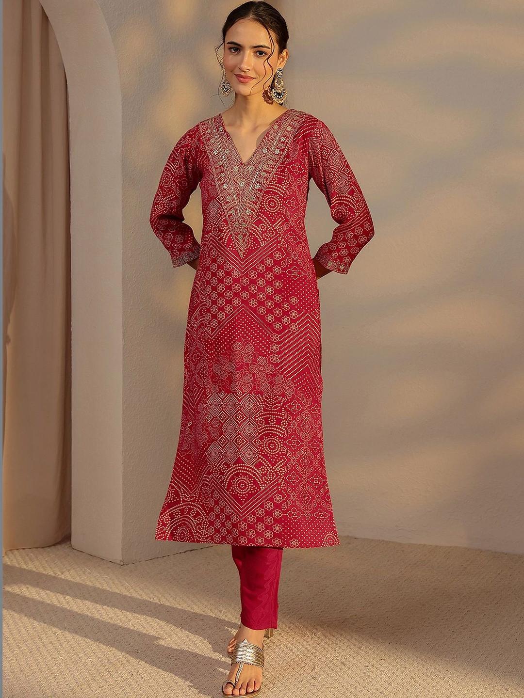 Libas Red Bandhani Printed Straight Kurta