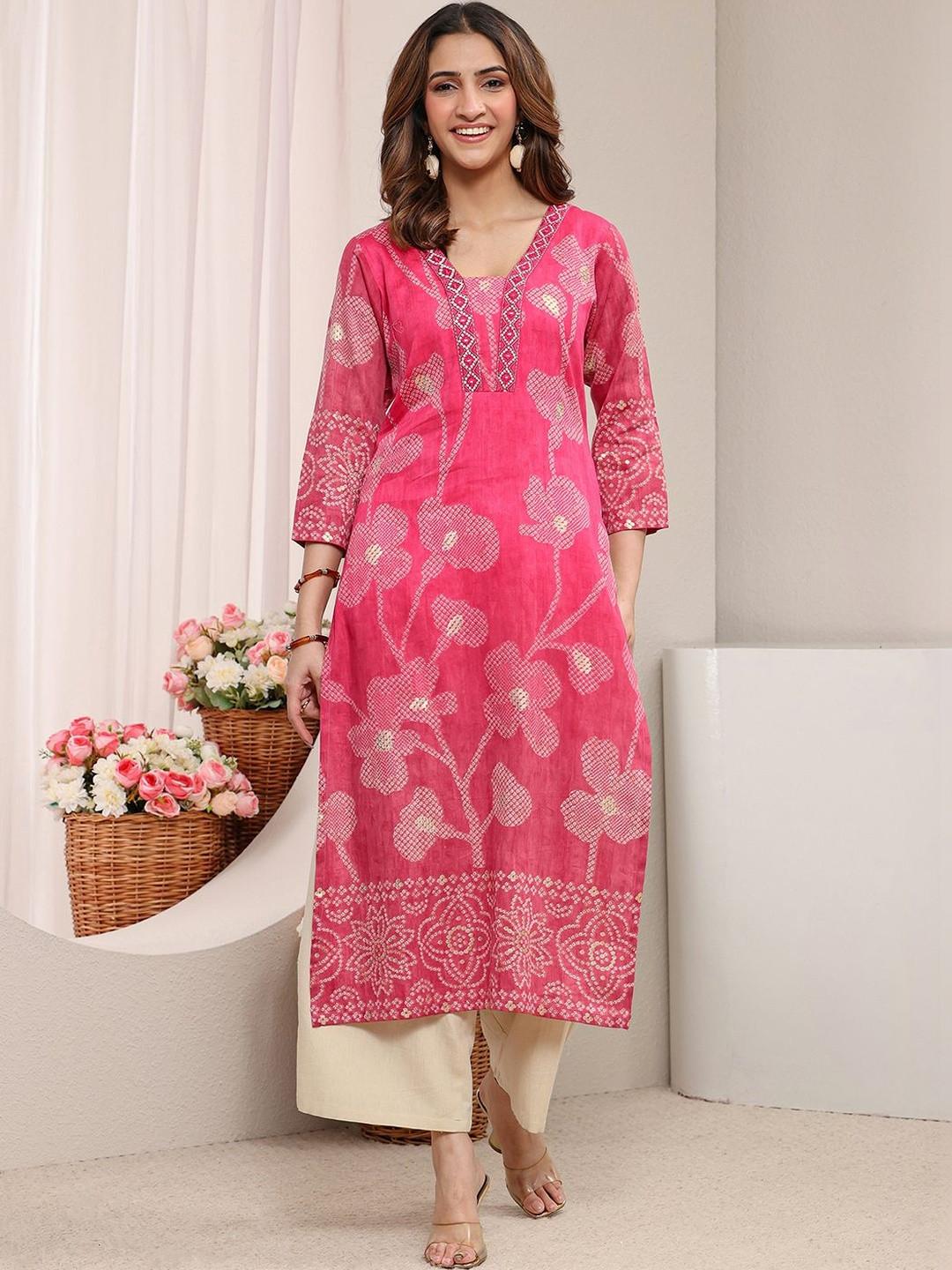 Libas Pink Floral Printed Cotton Straight Kurta