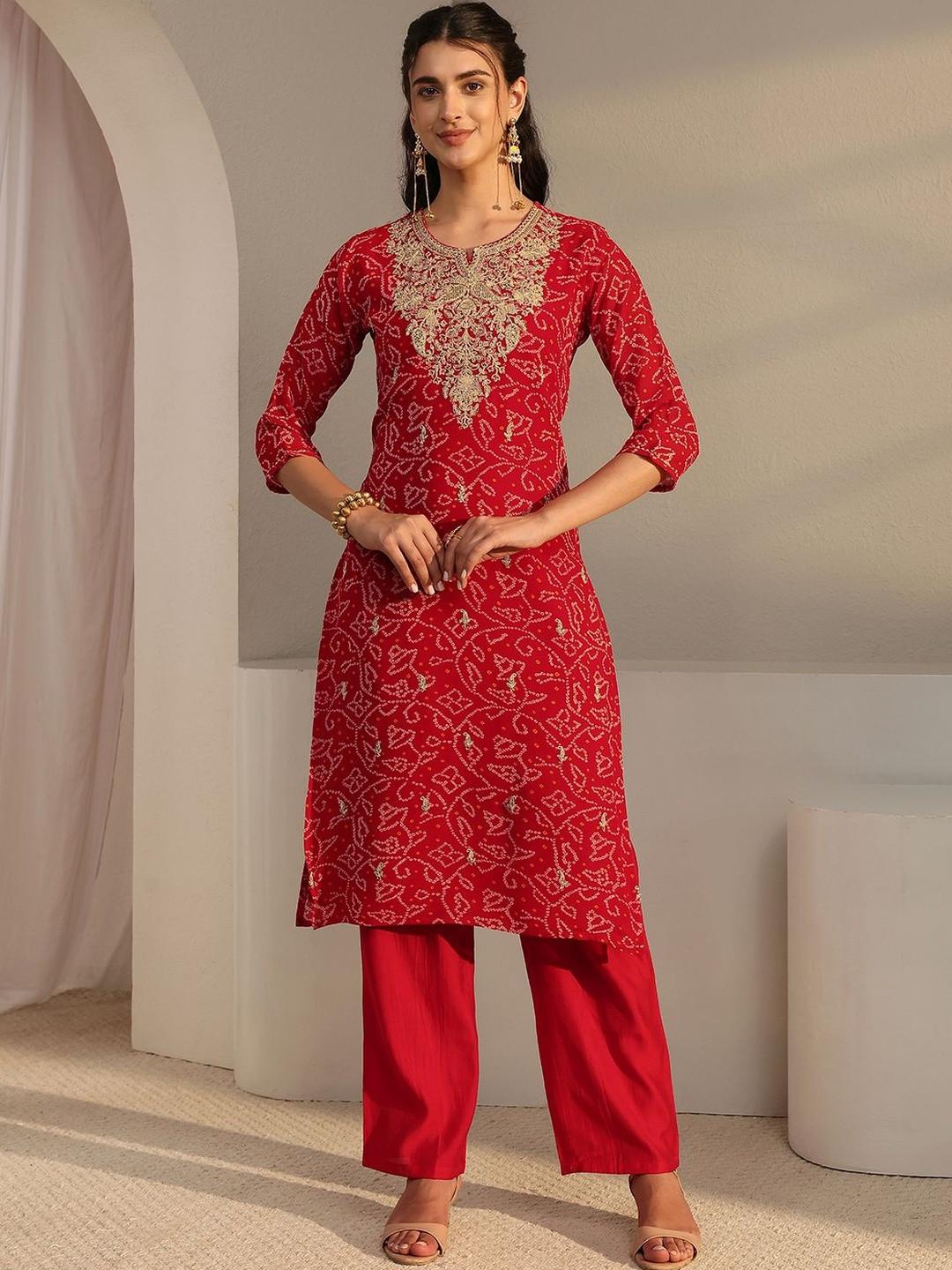 Libas Red Bandhani Printed Chiffon Straight Kurta