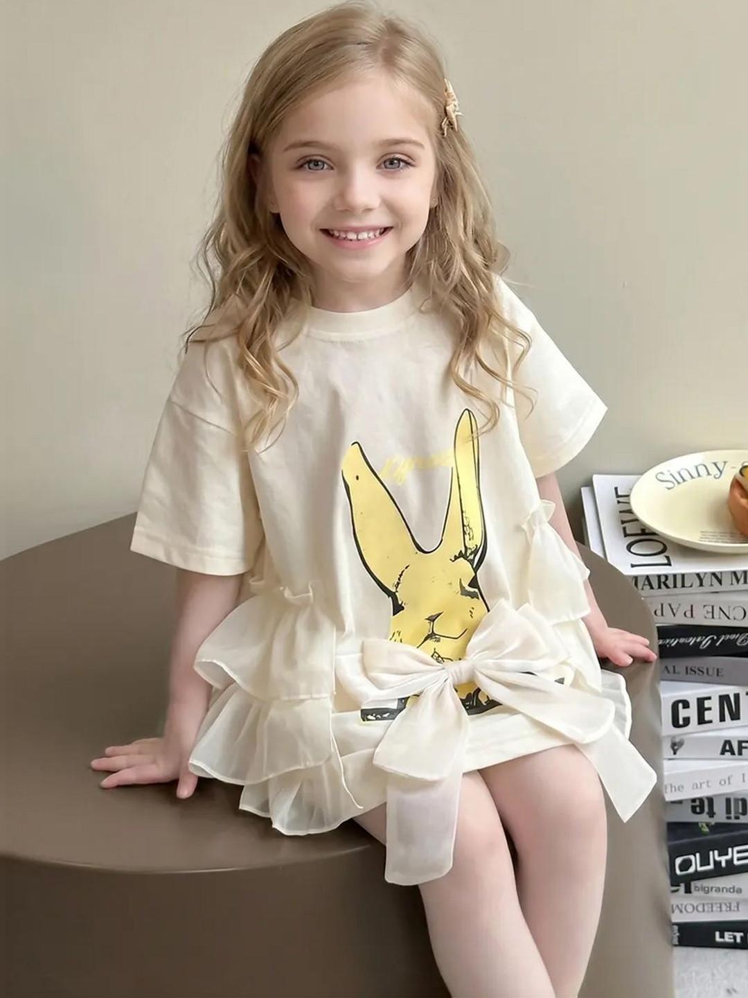 INCLUD Girls Cream Conversational Knitted Graphic Print Dress