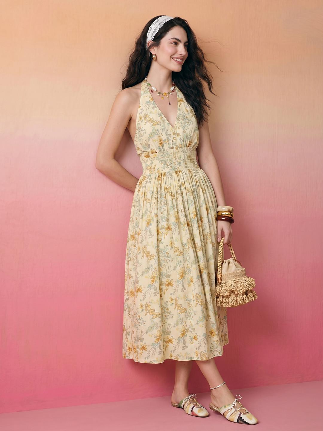 ZACCAI Floral Printed Smocked Halter Neck Dress