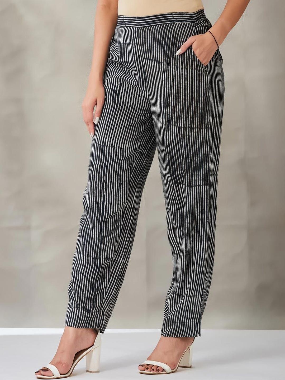 Fabindia Women Striped High-Rise Trousers