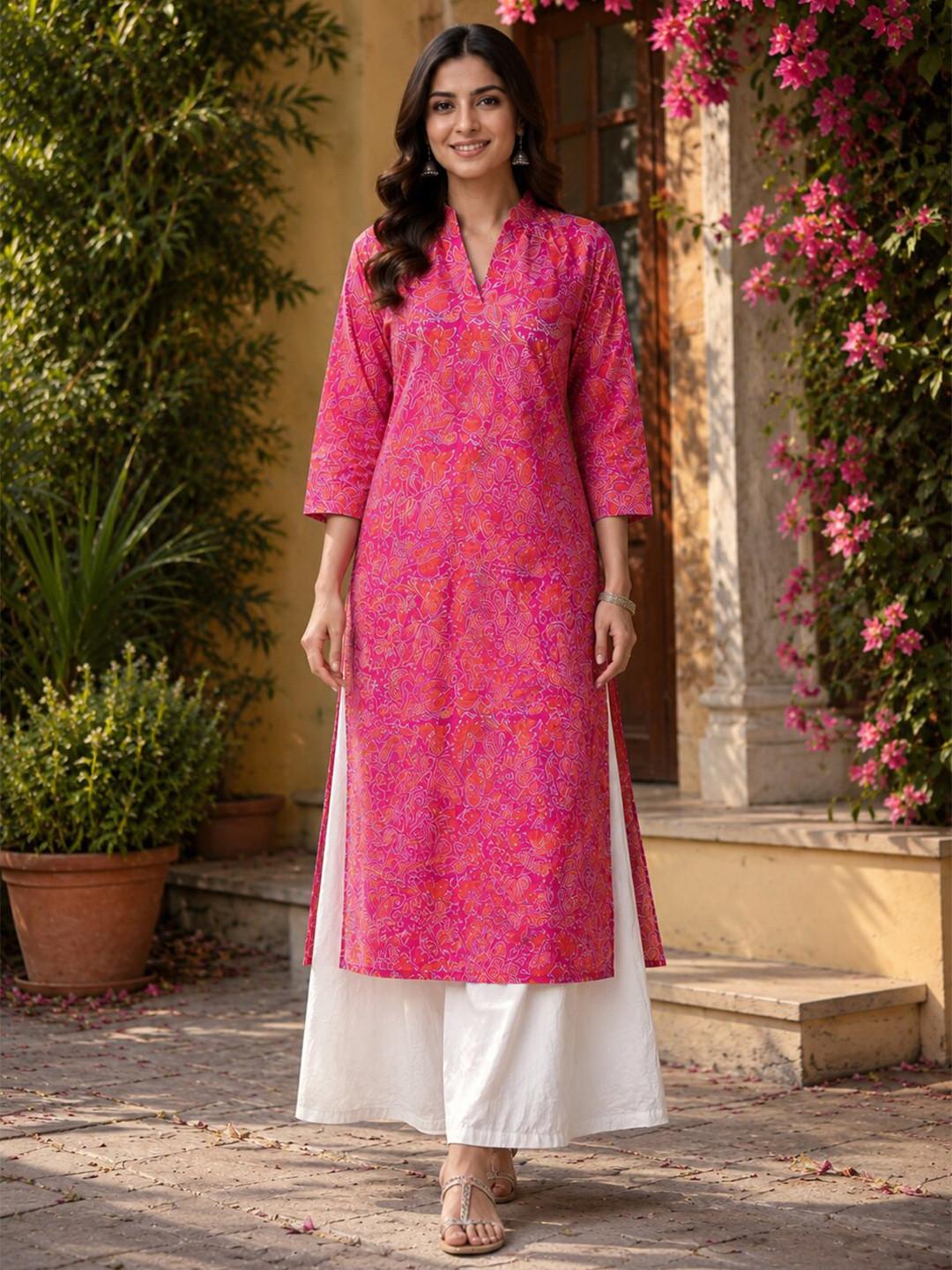 FABZARI Ethnic Motifs Printed V-Neck Kurti