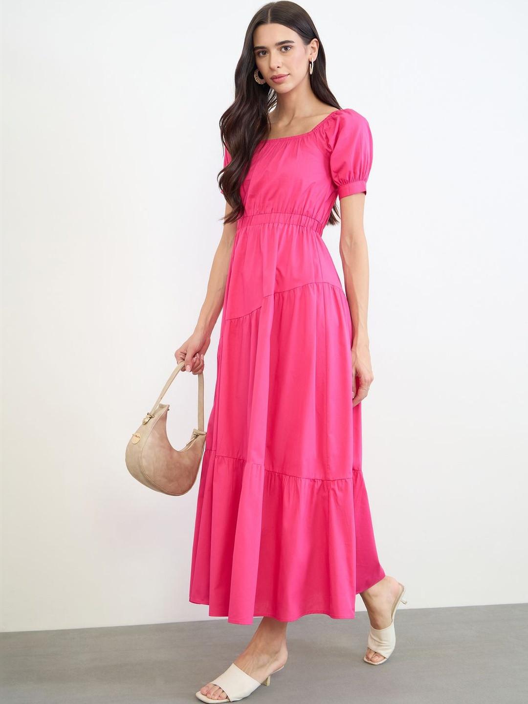 Styli Women Pink Puff Sleeve Tierred Maxi Dress