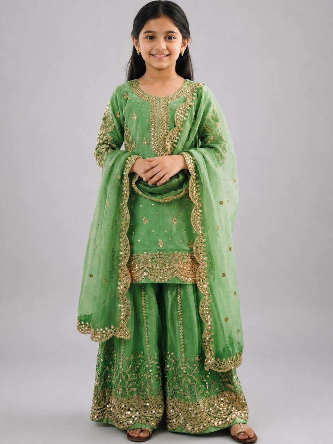 Sangria Girls Ethnic Motifs Embroidered Regular Mirror Work Kurta with Sharara & With Dupatta
