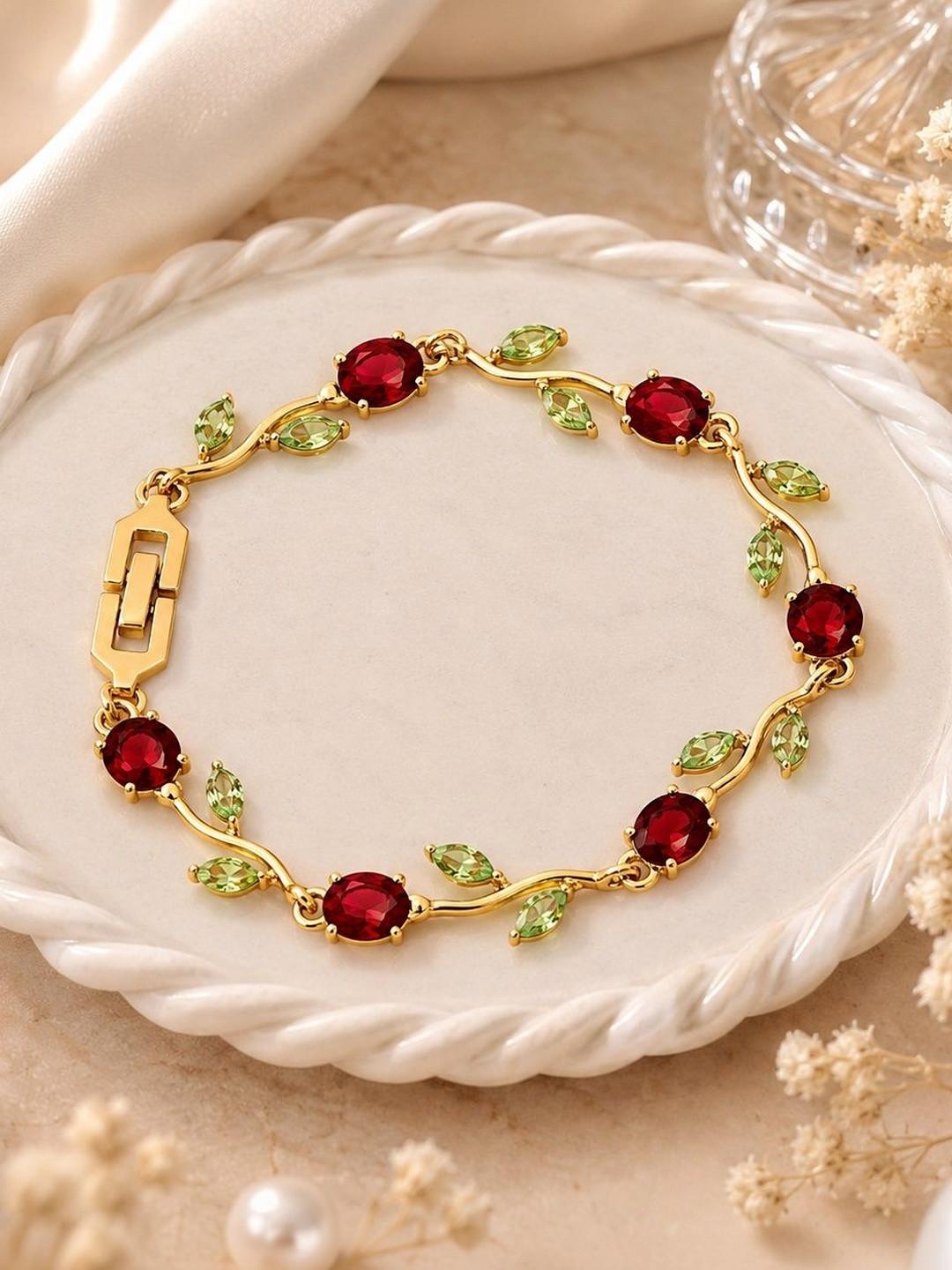 Aurivelle Stainless Steel 18K Gold Plated Anti Tarnish Ruby Tulip Floral Bracelet