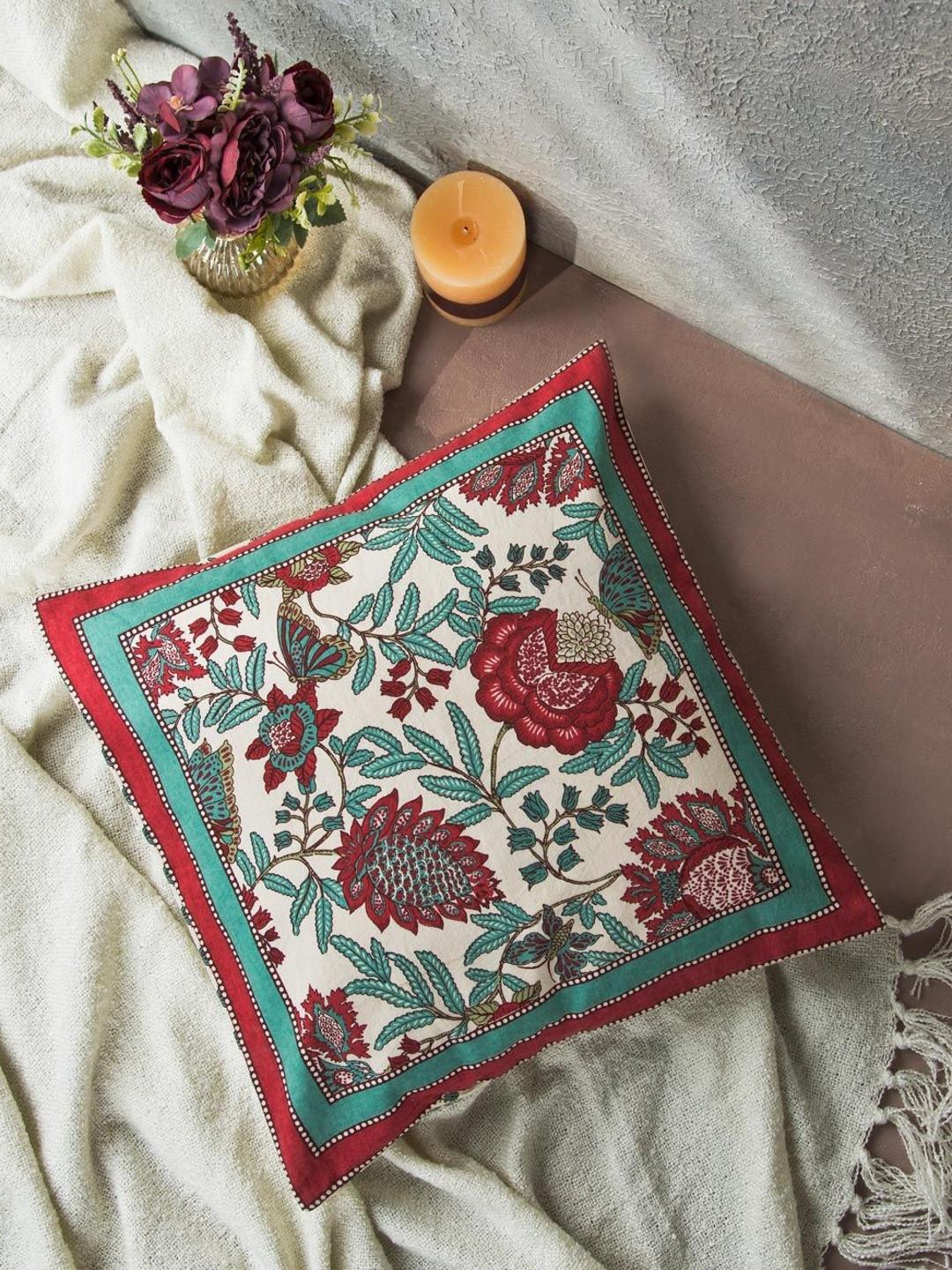 Fabindia Red Floral Square Cushion Covers
