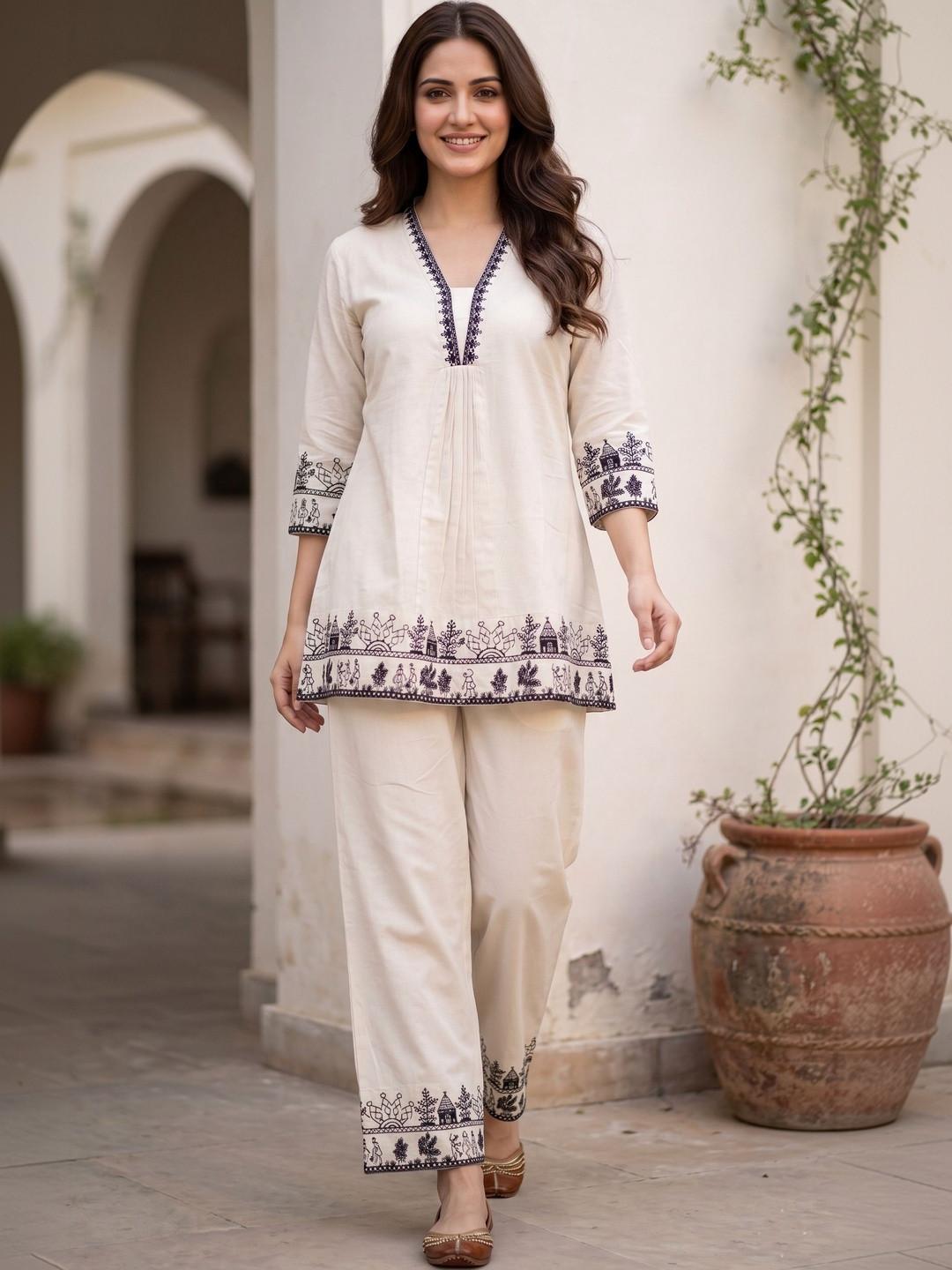 EVANORA Floral Cotton Embroidered Tunic with Trousers