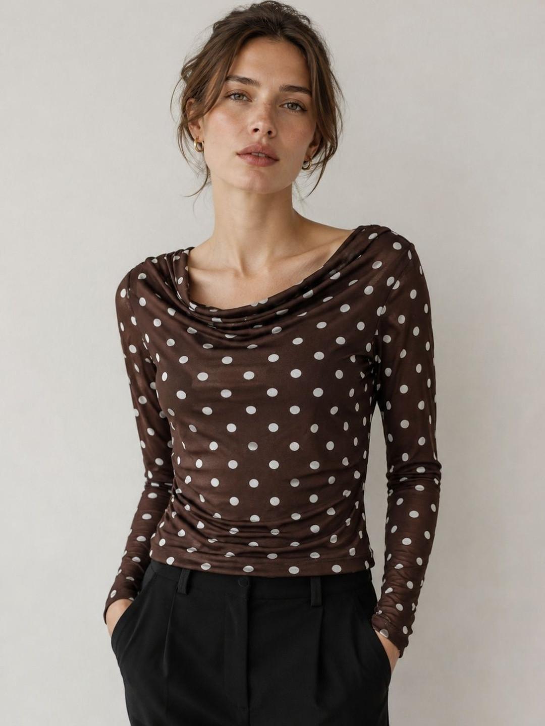 clobug Polka Dot Print Cowl Neck Net Top