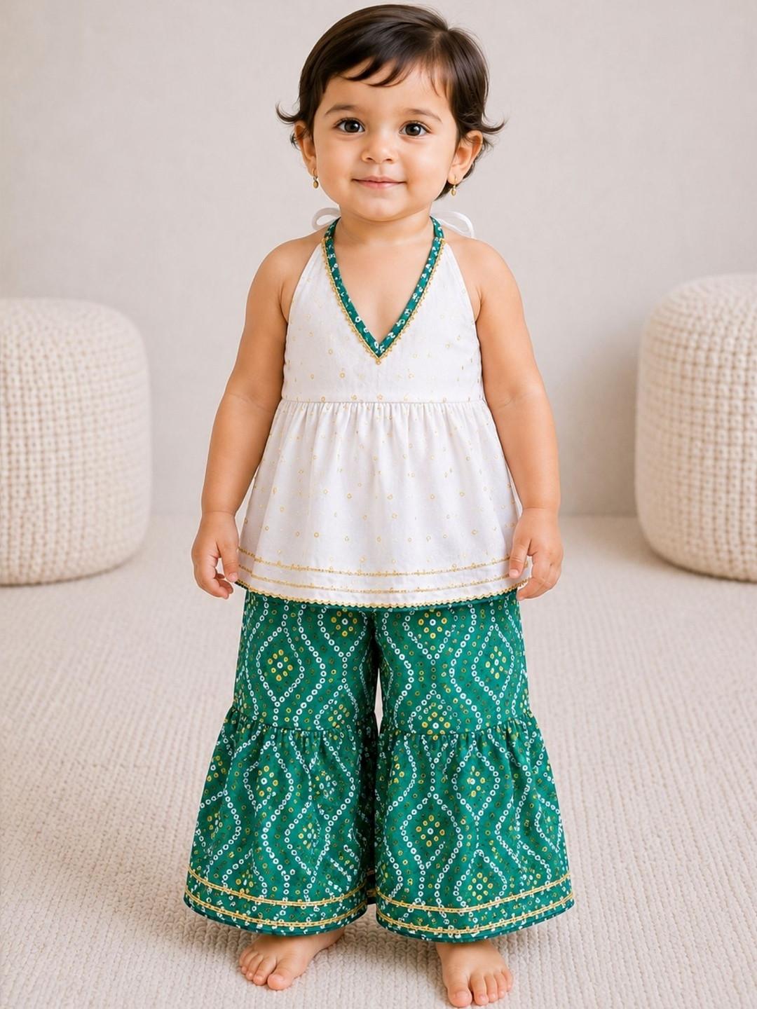 Sangria Girls Bandhani Printed Regular Gotta Patti Pure Cotton Kurti with Sharara