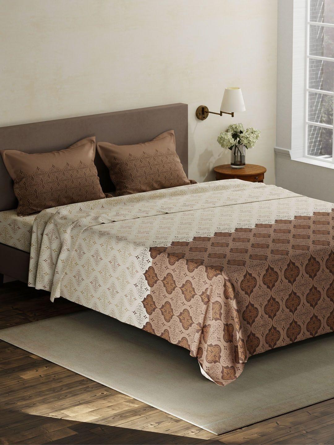 Layers Brown & White Ethnic Motifs 120 TC King Bedsheet with 2 Pillow Covers