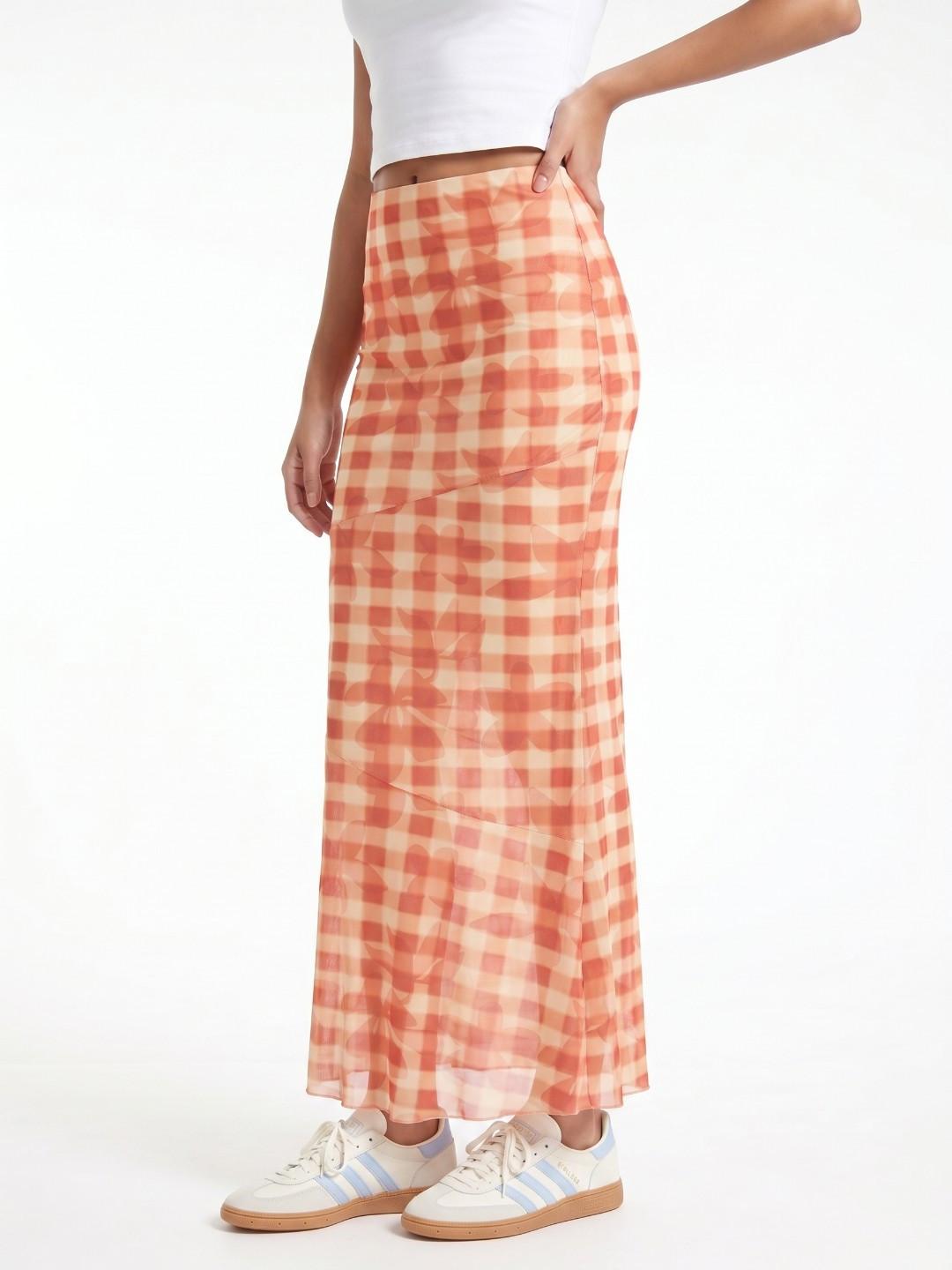 glitchez Women Cotton Blend Checked Maxi Pencil Skirt