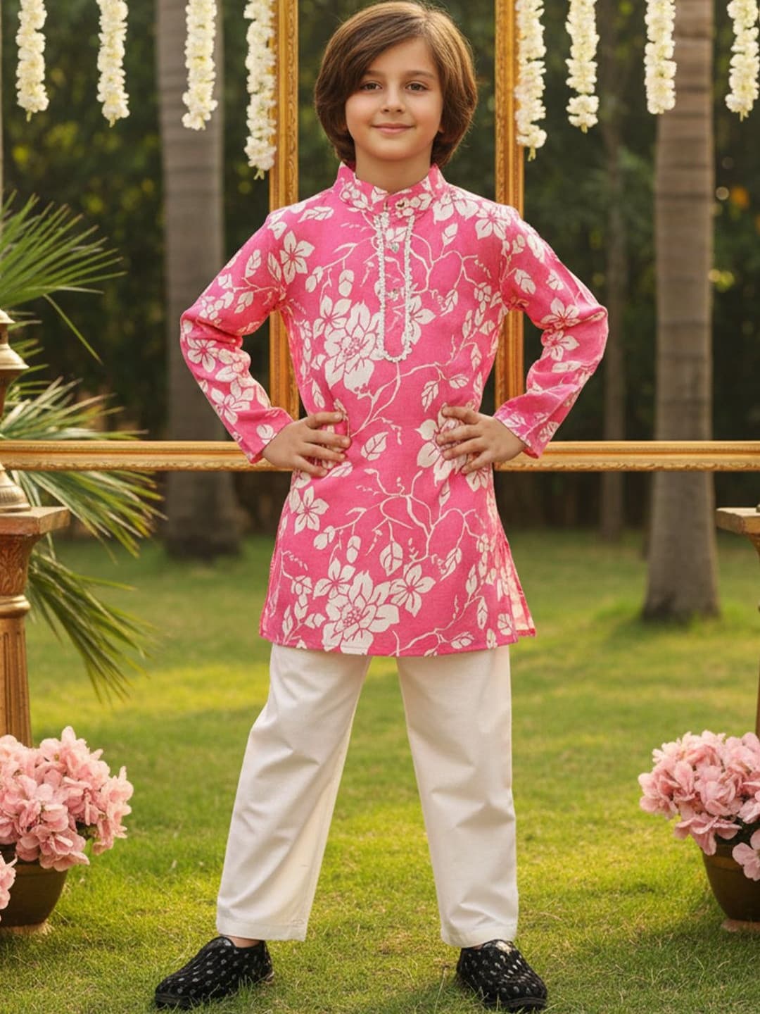 Cutiekins Boys Floral Printed Mandarin Collar Kurta With Pyjama