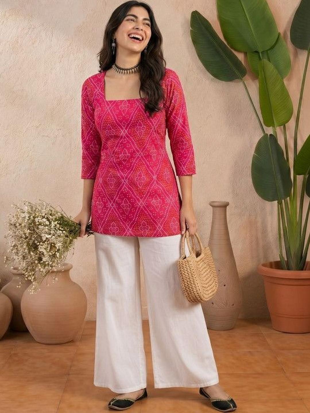 Sangria Bandhani Printed Square Neck Pure Cotton Blend Handloom Kurti