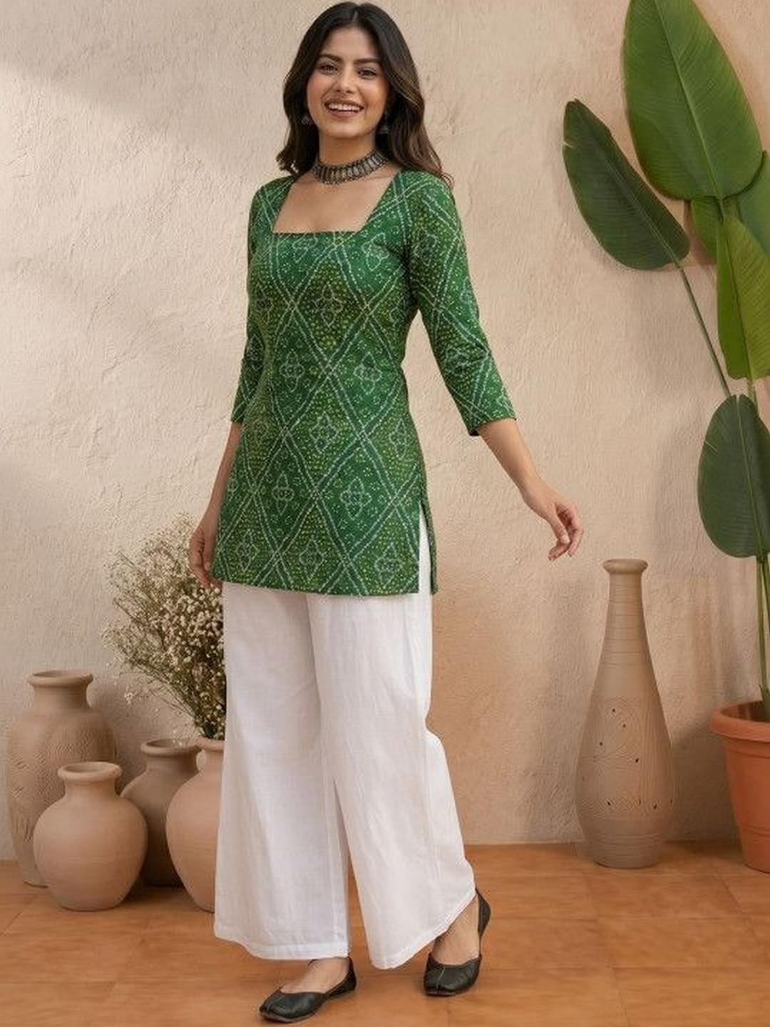 Sangria Bandhani Printed Square Neck Pure Cotton Blend Handloom Kurti