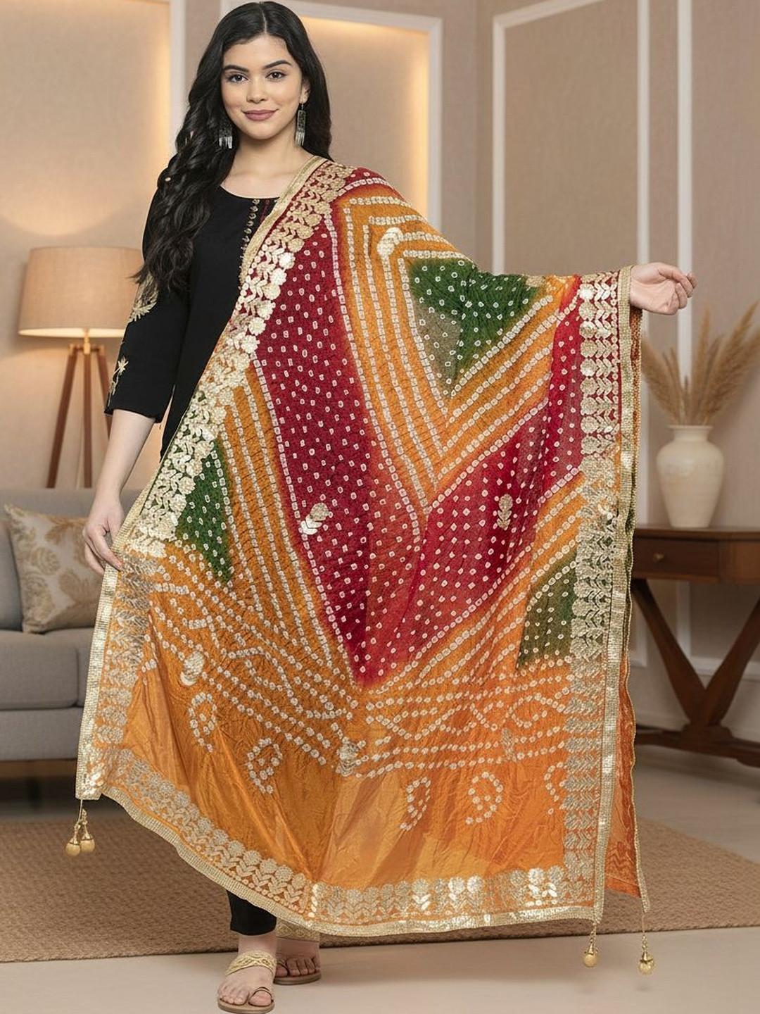 KALINI Bandhani Tie & Dye Gotta Patti Silk Blend Dupatta