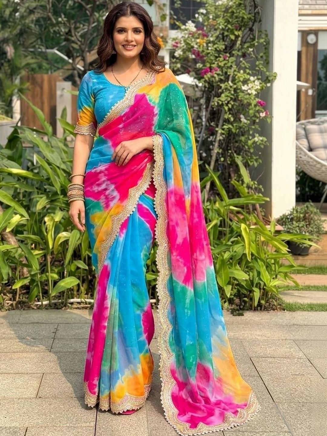 Sangria Tie and Dye Sequinned Pure Georgette Leheriya Saree