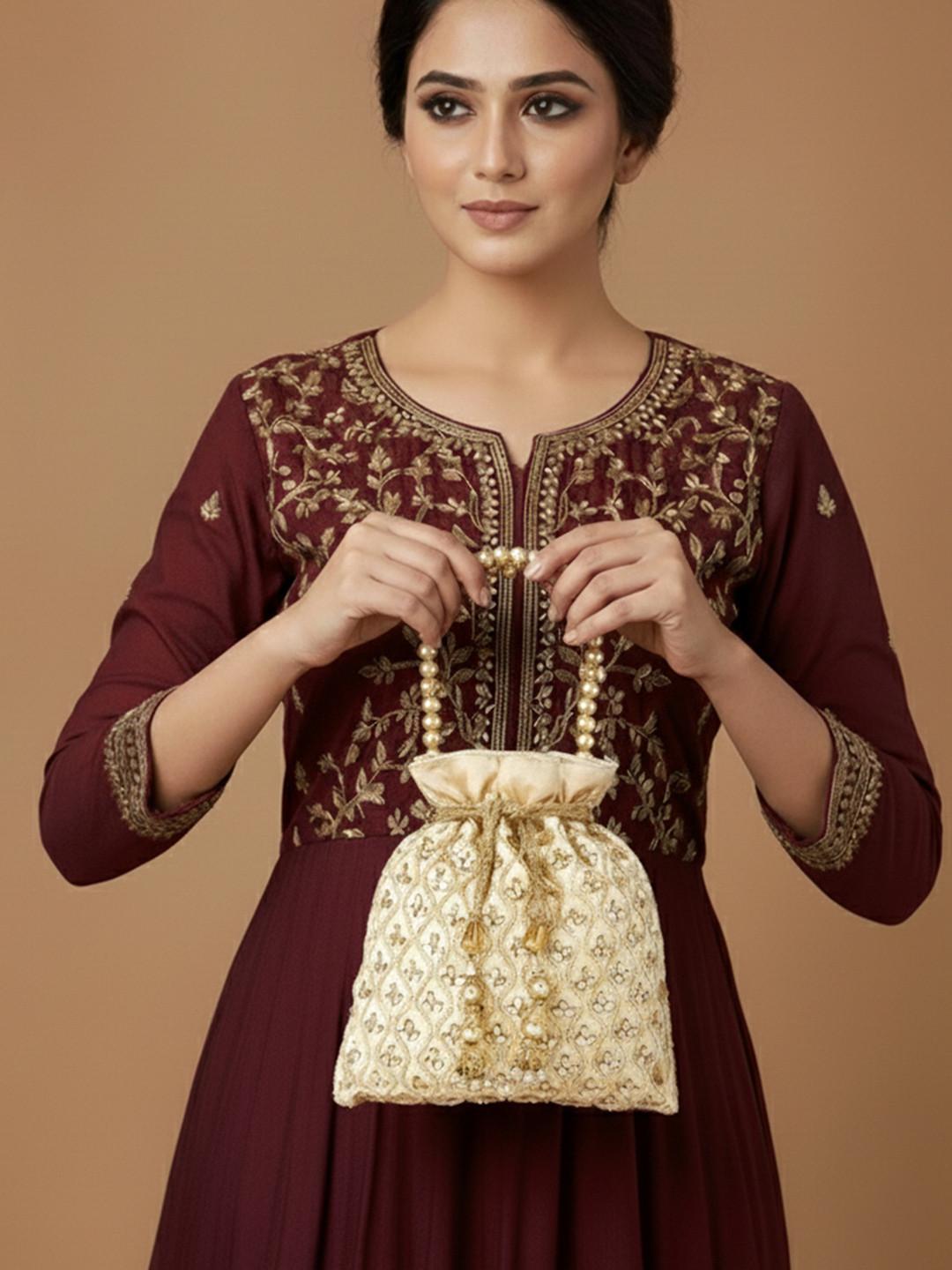 Peora Cream-Coloured & Gold-Toned Embellished Potli Clutch
