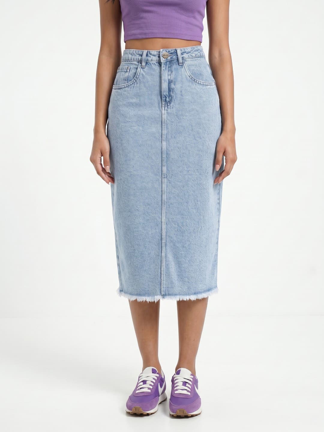 glitchez Women Back Slit Midi Denim Skirt