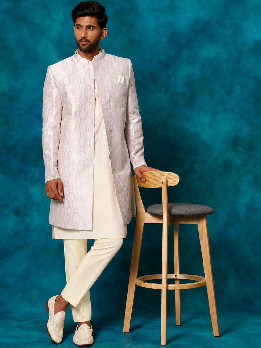 VASTRAMAY Woven Design Mandarin Collar Indo-Western Sherwani Set