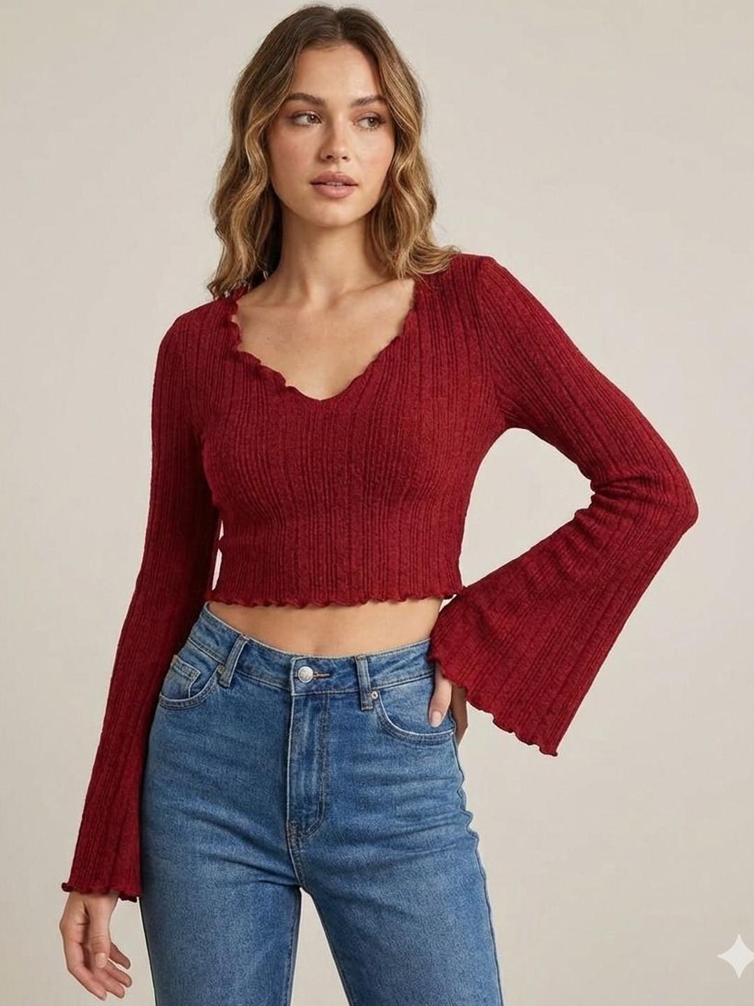 ORGAVO Bell Sleeve Ruffles Crop Top