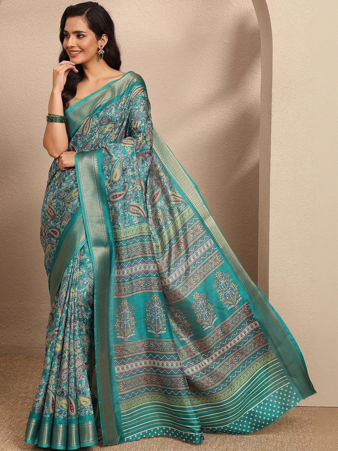 Libas Green Paisley Printed Saree With Unstitched Blouse Piece