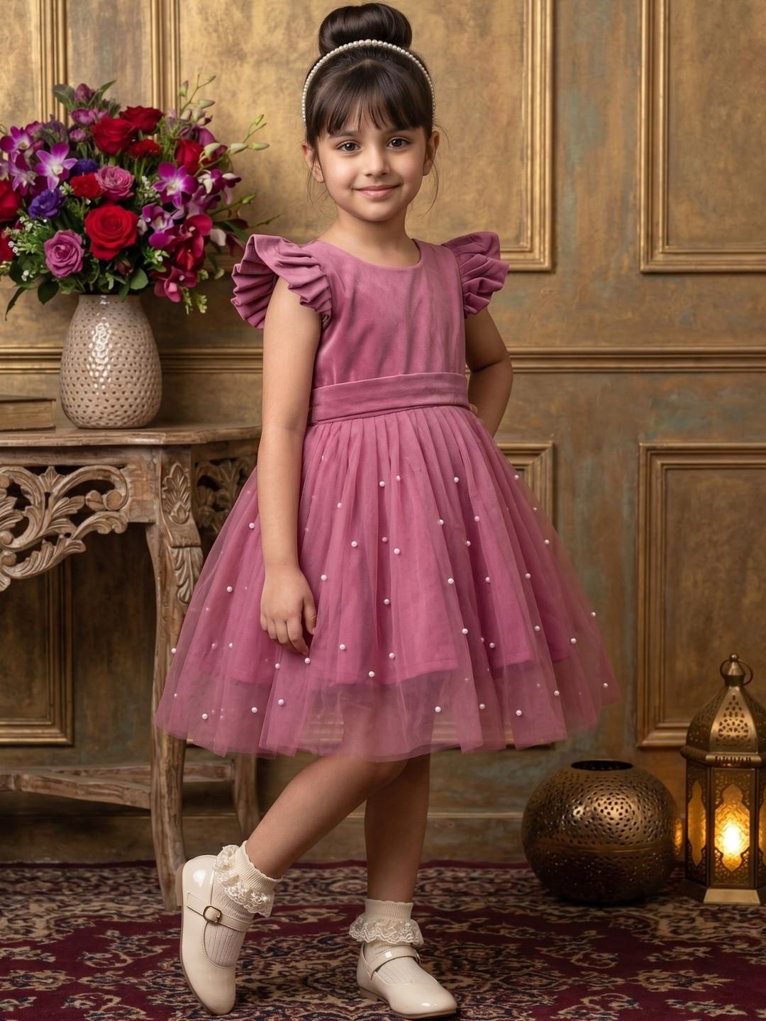 BAESD Girls Mauve Ruffled Sleeves Pearl Embellished Net Fit & Flare Party Dress