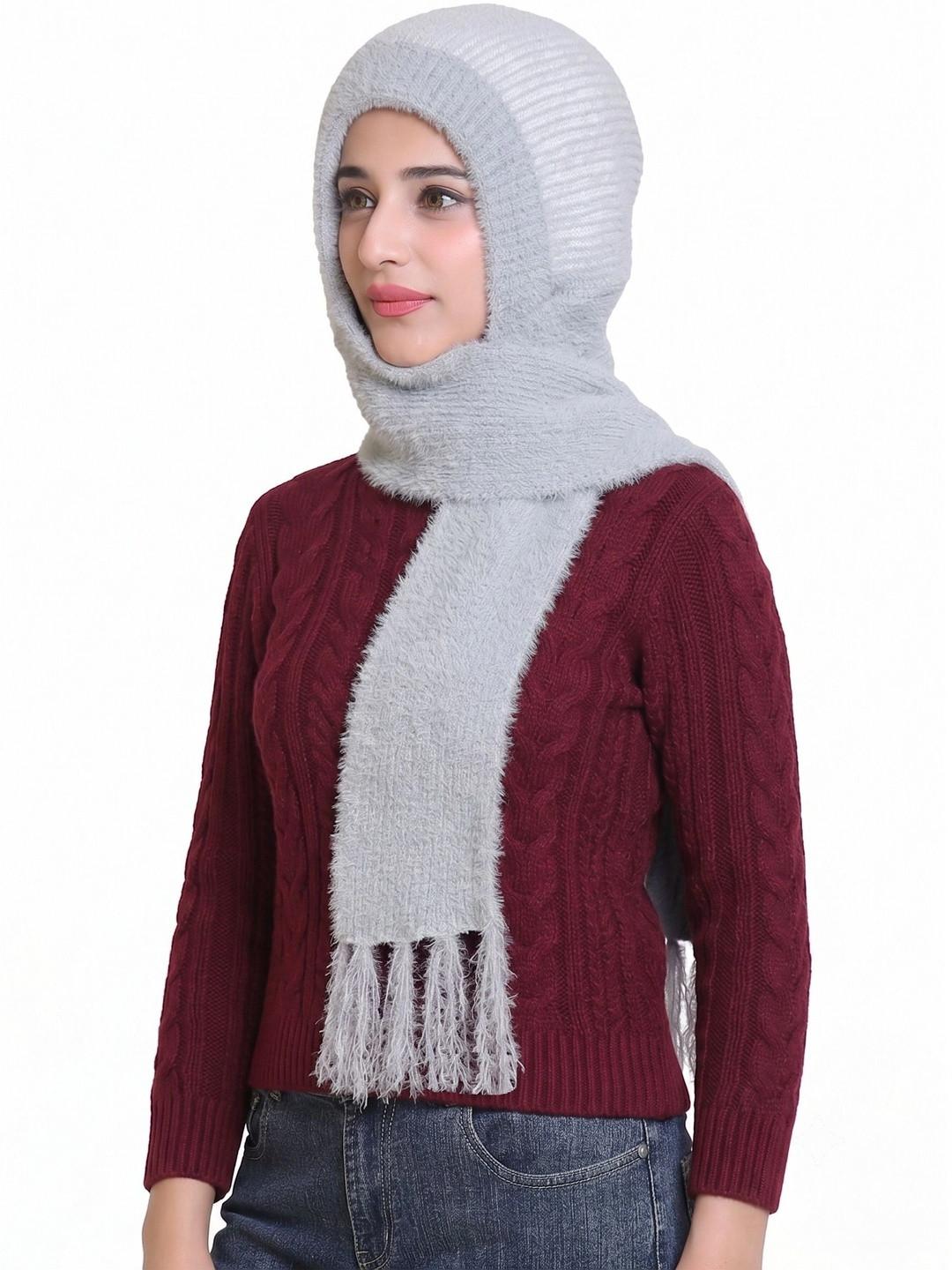 Gajraj Women Self Design Woolen Beanie With Attached Muffler