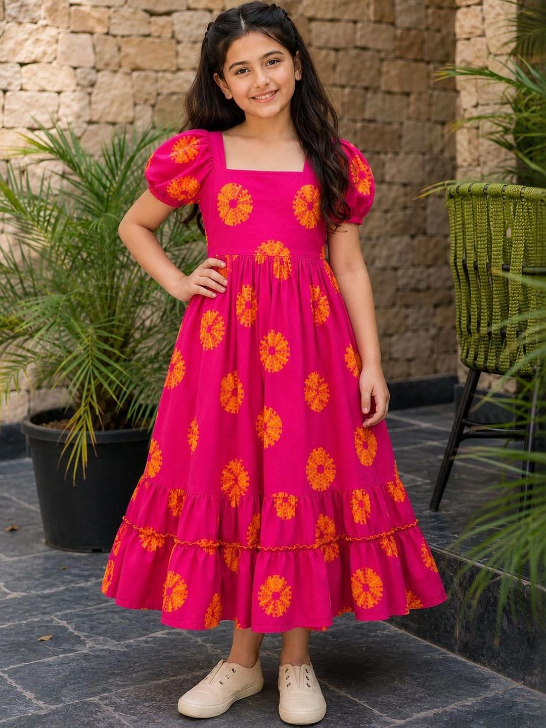 Fastvilla Print Puff Sleeve Ruffled A-Line Midi Dress