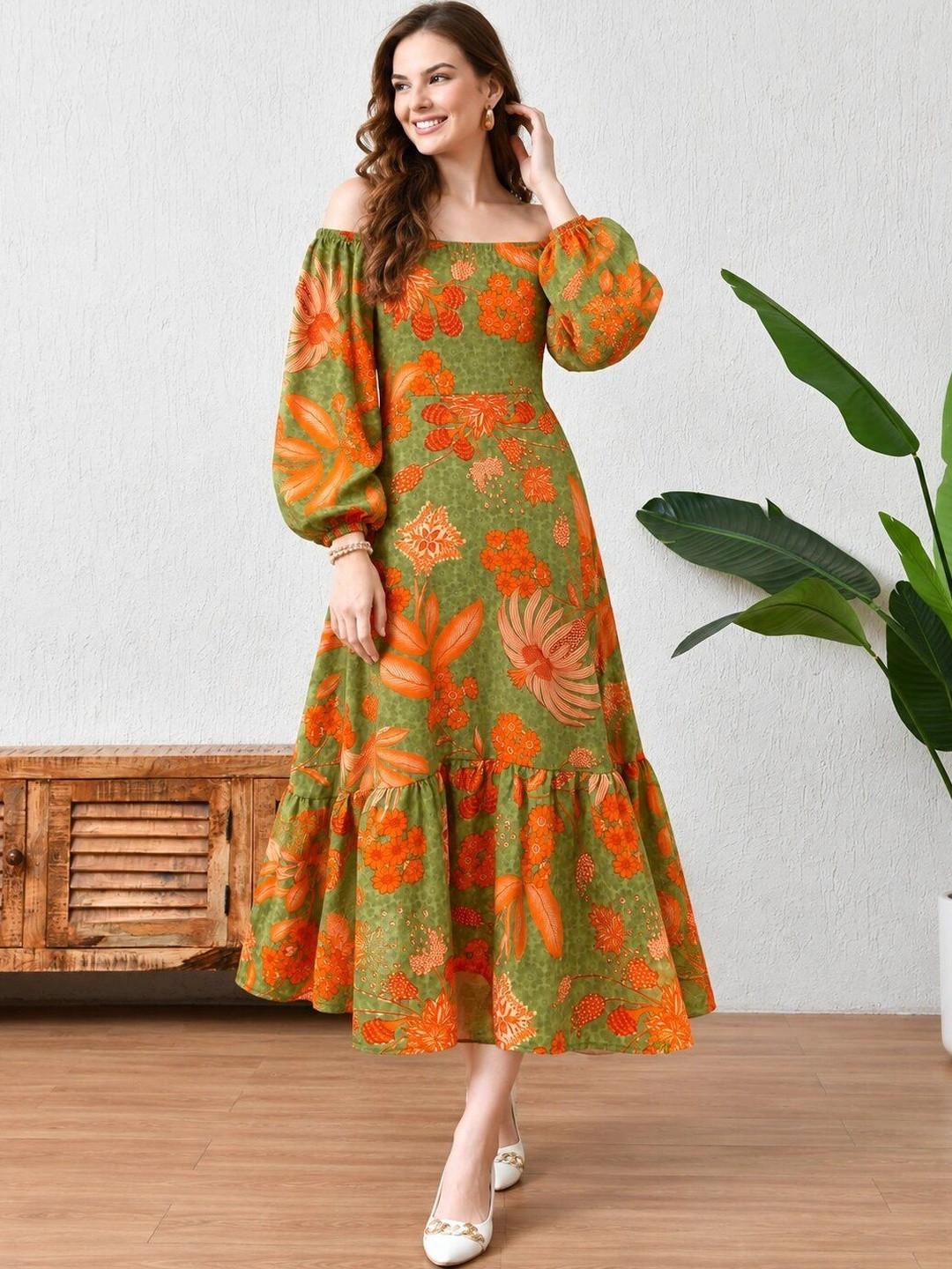 HARIKS Floral Print Off-Shoulder Puff Sleeve Ruffled A-Line Maxi Dress