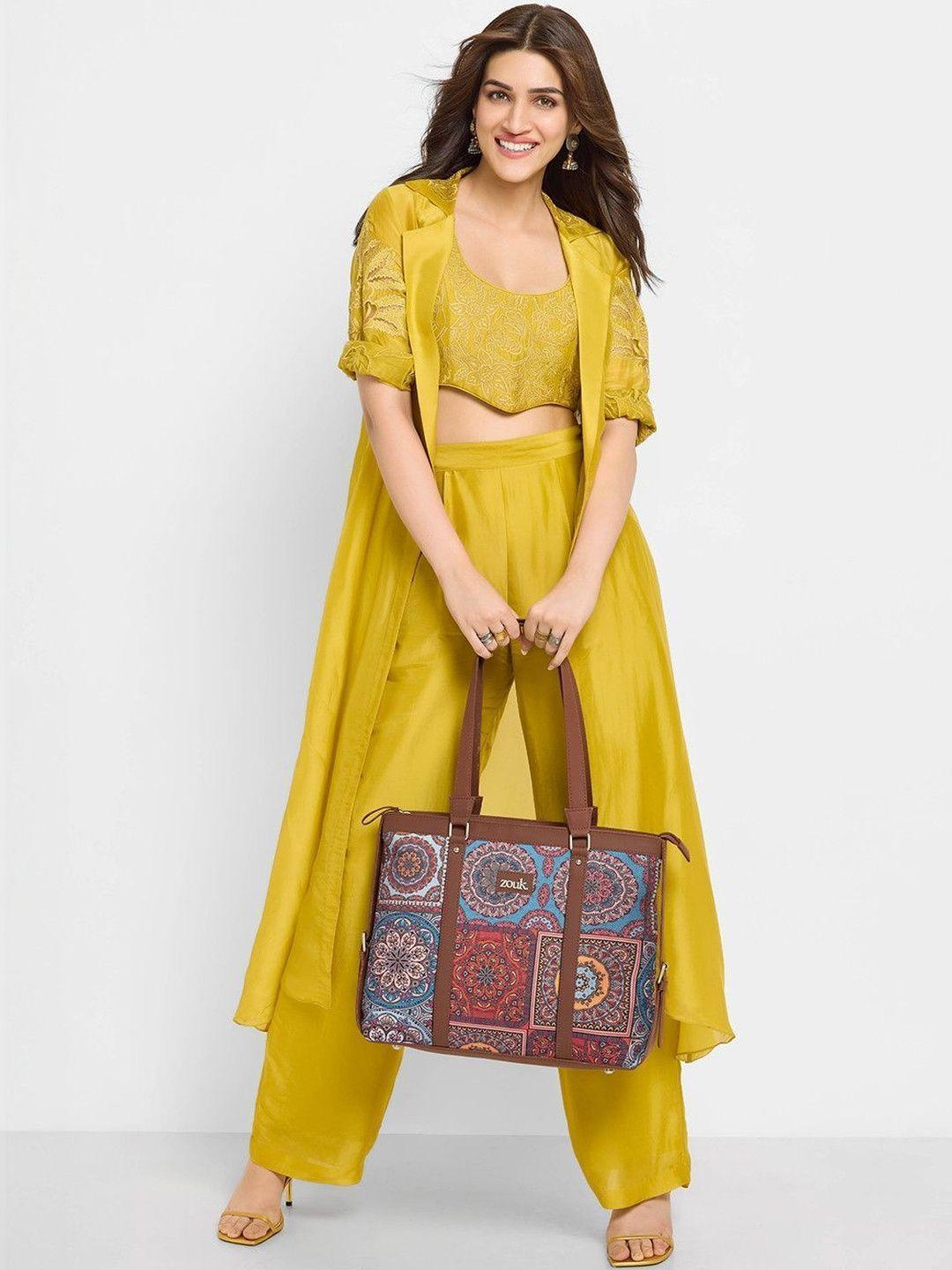 ZOUK Brown Ethnic Motifs Printed Laptop Structured Shoulder Tote Bag