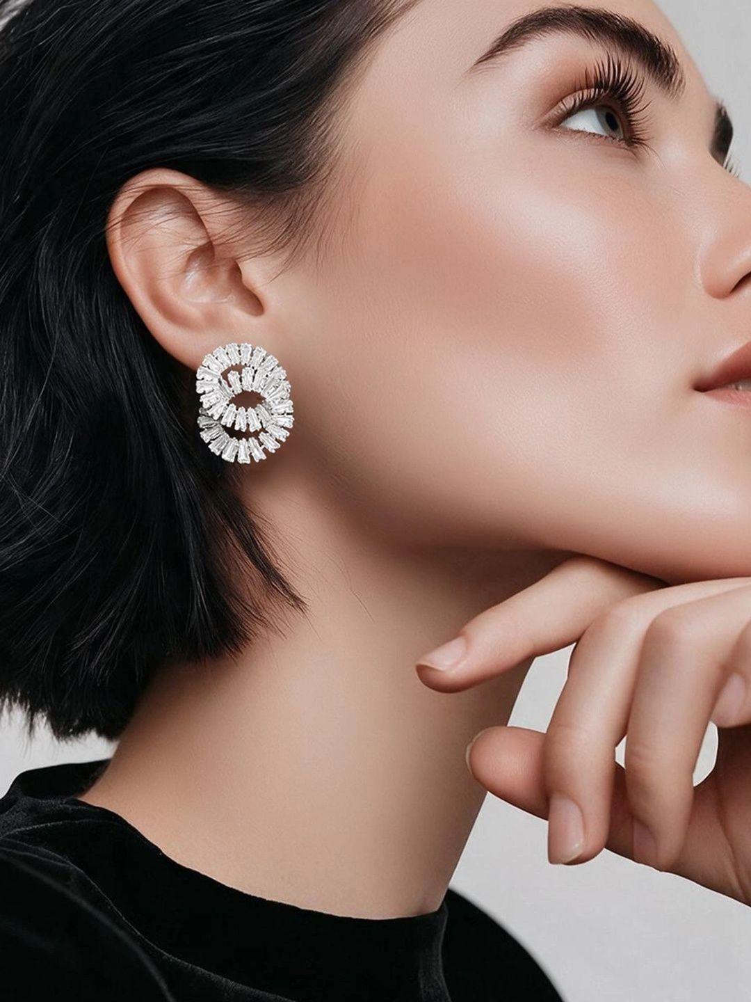 Rubans Rhodium Plated Double Circle design Amercan Diamond Zirconia Stud Earring