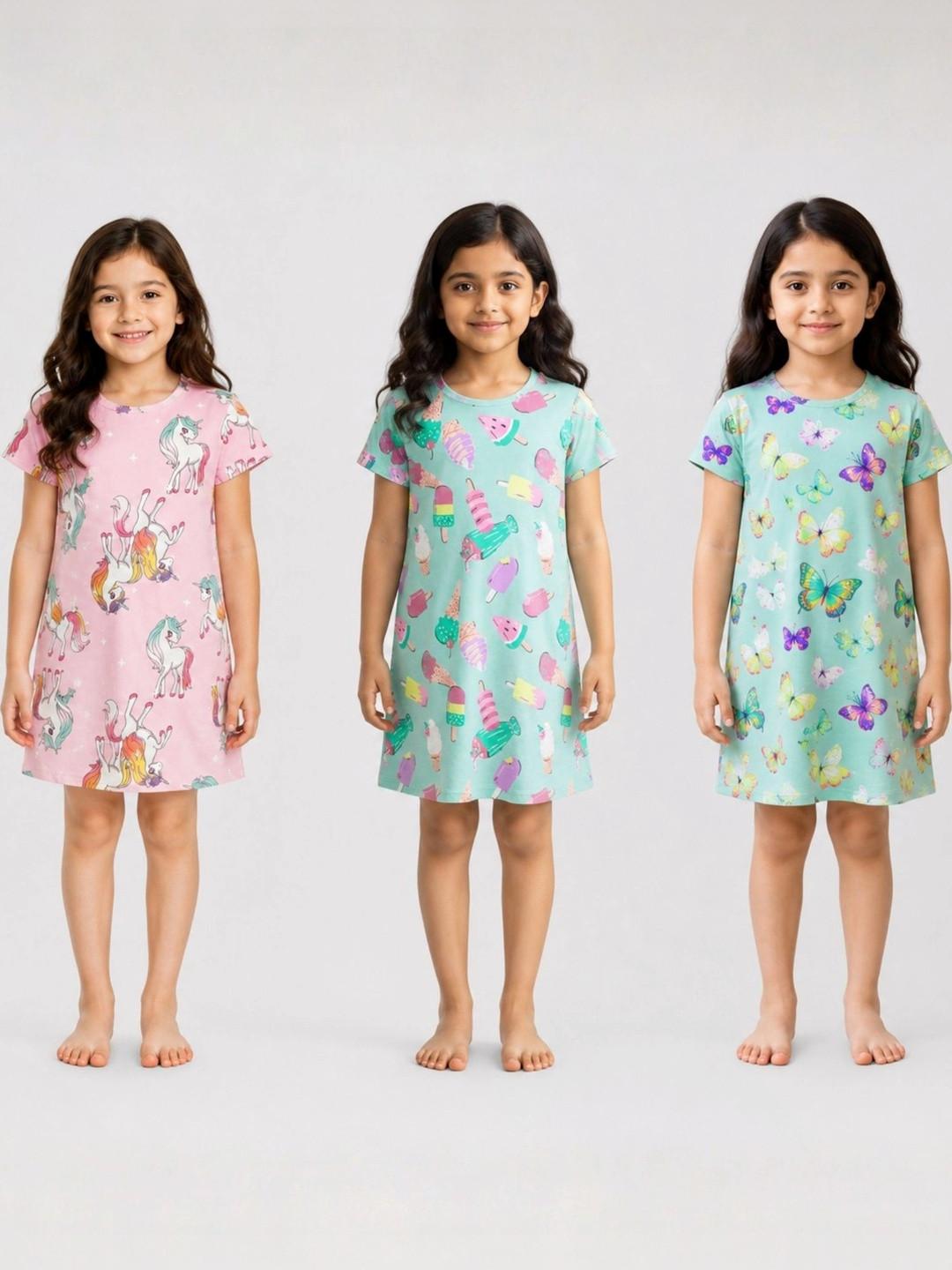 Anthrilo Girls Pack of 3 Printed Cotton Short Sleeves Nightdresses