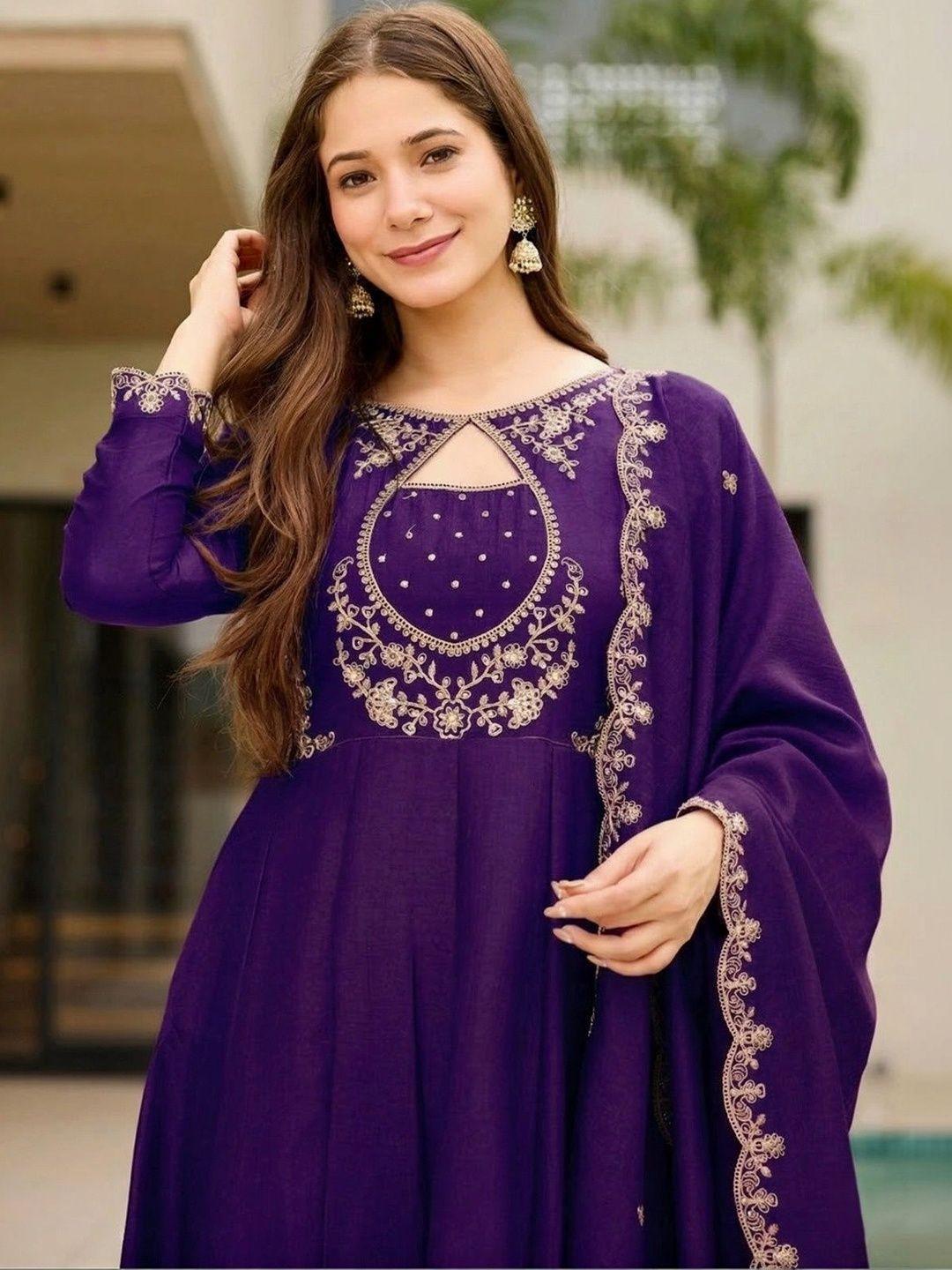 KALINI Women Ethnic Motifs Embroidered Empire Thread Work Kurta with Trousers & With Dupatta