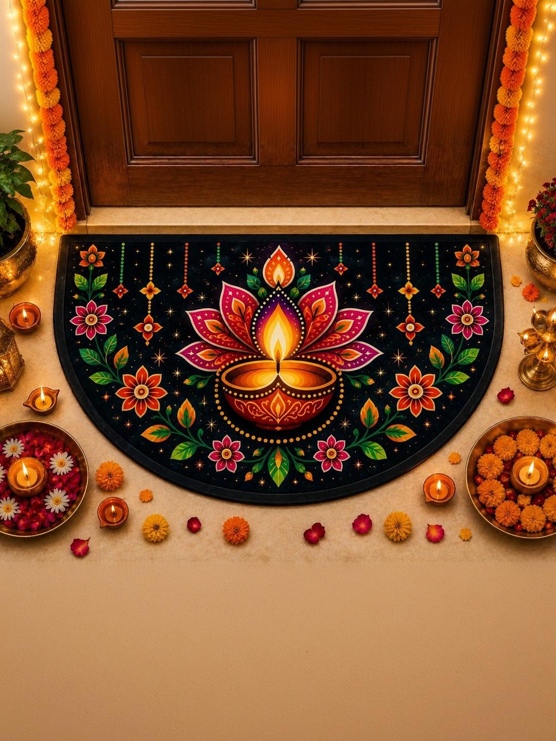 Aura Black & Green Printed Anti-Skid Doormats